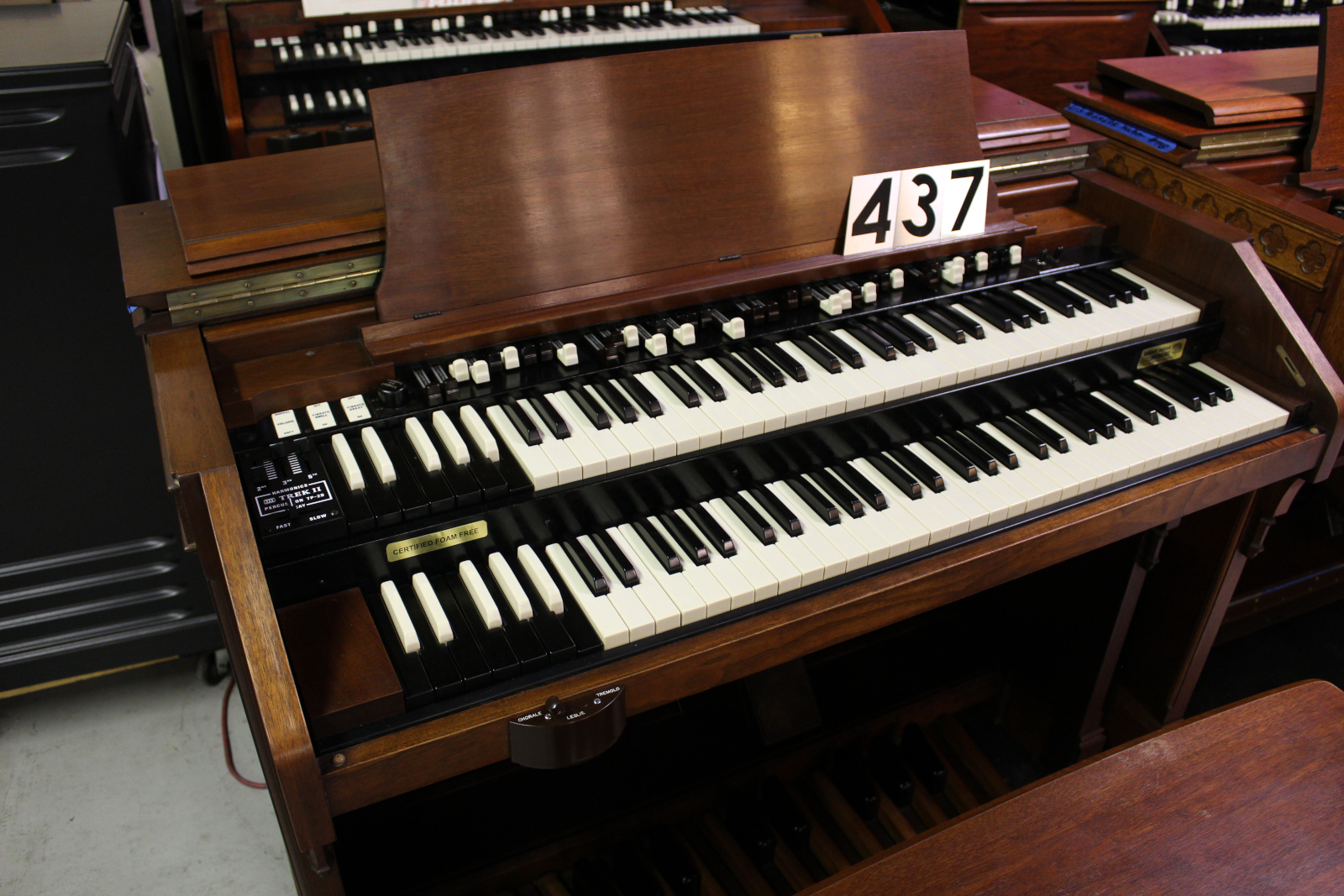 437 is a Hammond C2 but has been equipped with a percussion unit, allowing for it to be as versatile as a C3! Serial #48387 