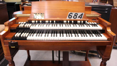 684 is a 1960 Hammond B3 in a fruitwood finish for sale!