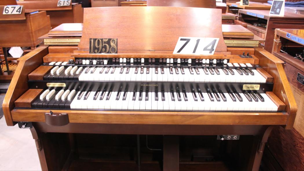Restored 1958 Hammond C3 organ in walnut finish, inventory #714, Serial #73530